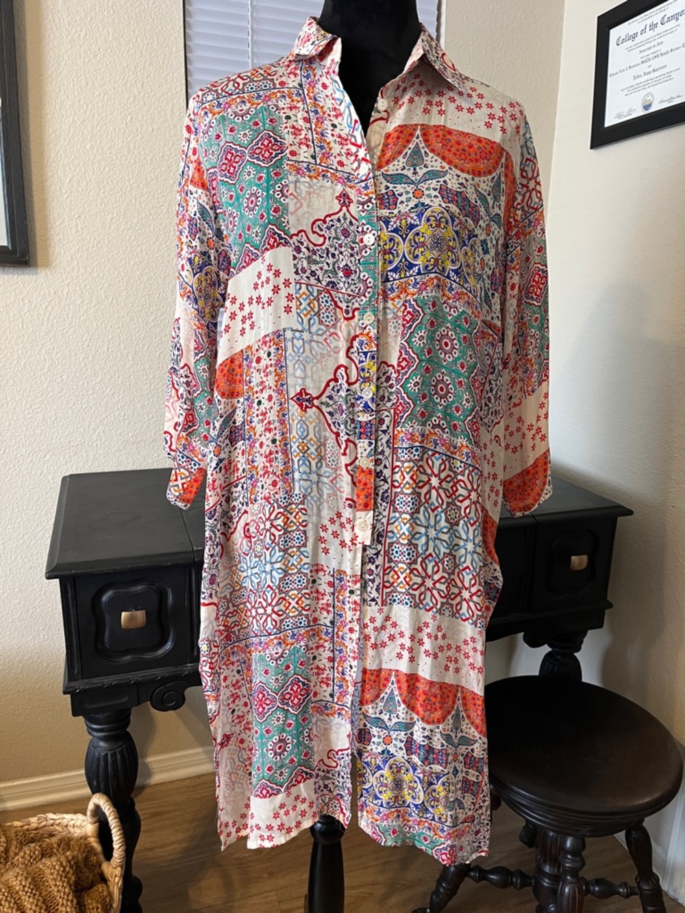 Bohemian Multi-Color Patchwork 3/4 sleeve Button-Up Shirt / swim cover up